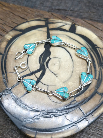 Seven Stone Blue Turquoise and Spiny Brown Leather Buckle Bracelet - 8 in.