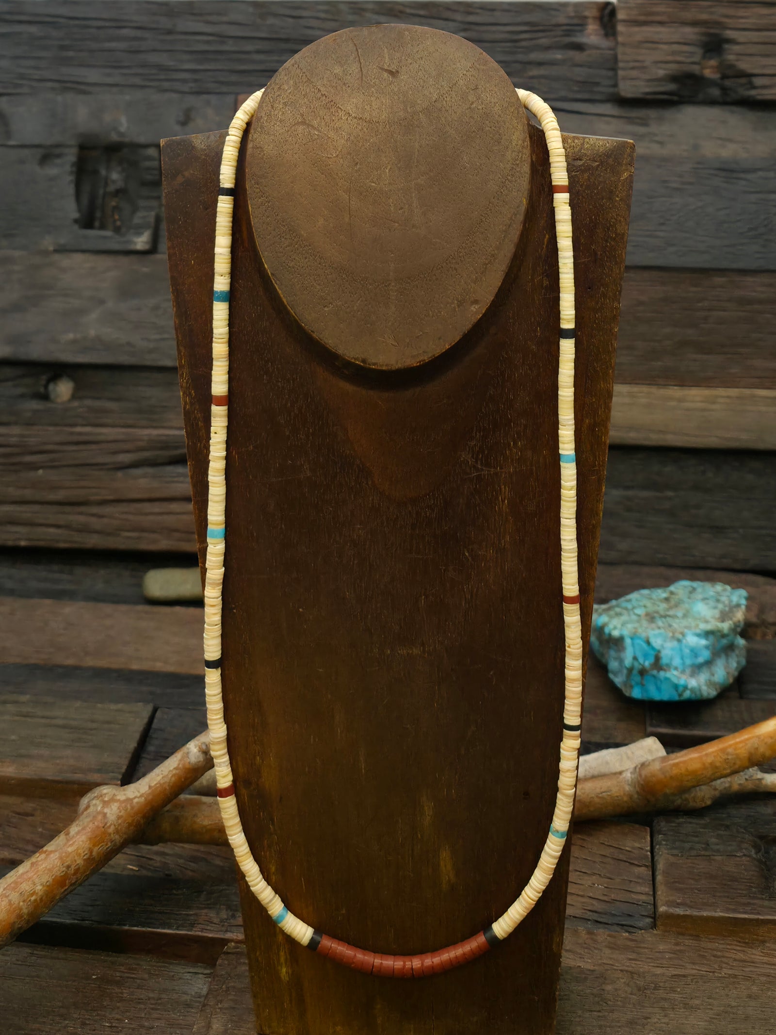 Colorblock Heishi Necklace by Torevia Crespin - Melon Shell, Pipestone, Jet, Turquoise- 24 in.