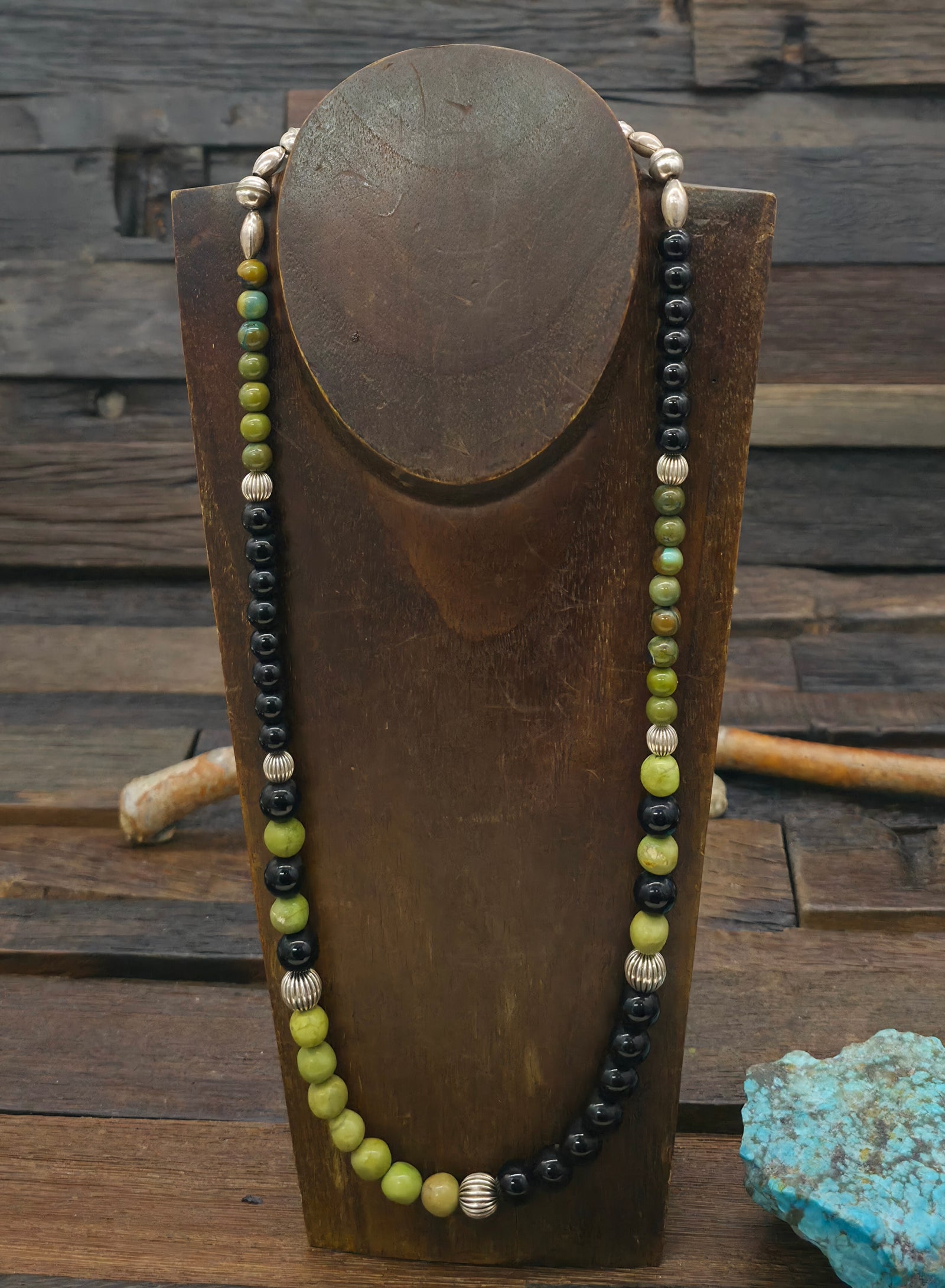 Green Sky Horse Turquoise, Onyx, and Sterling Silver Bead Necklace - 26 in.