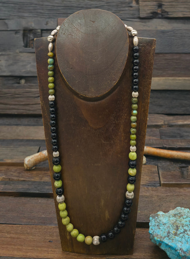 Green Sky Horse Turquoise, Onyx, and Sterling Silver Bead Necklace - 26 in.