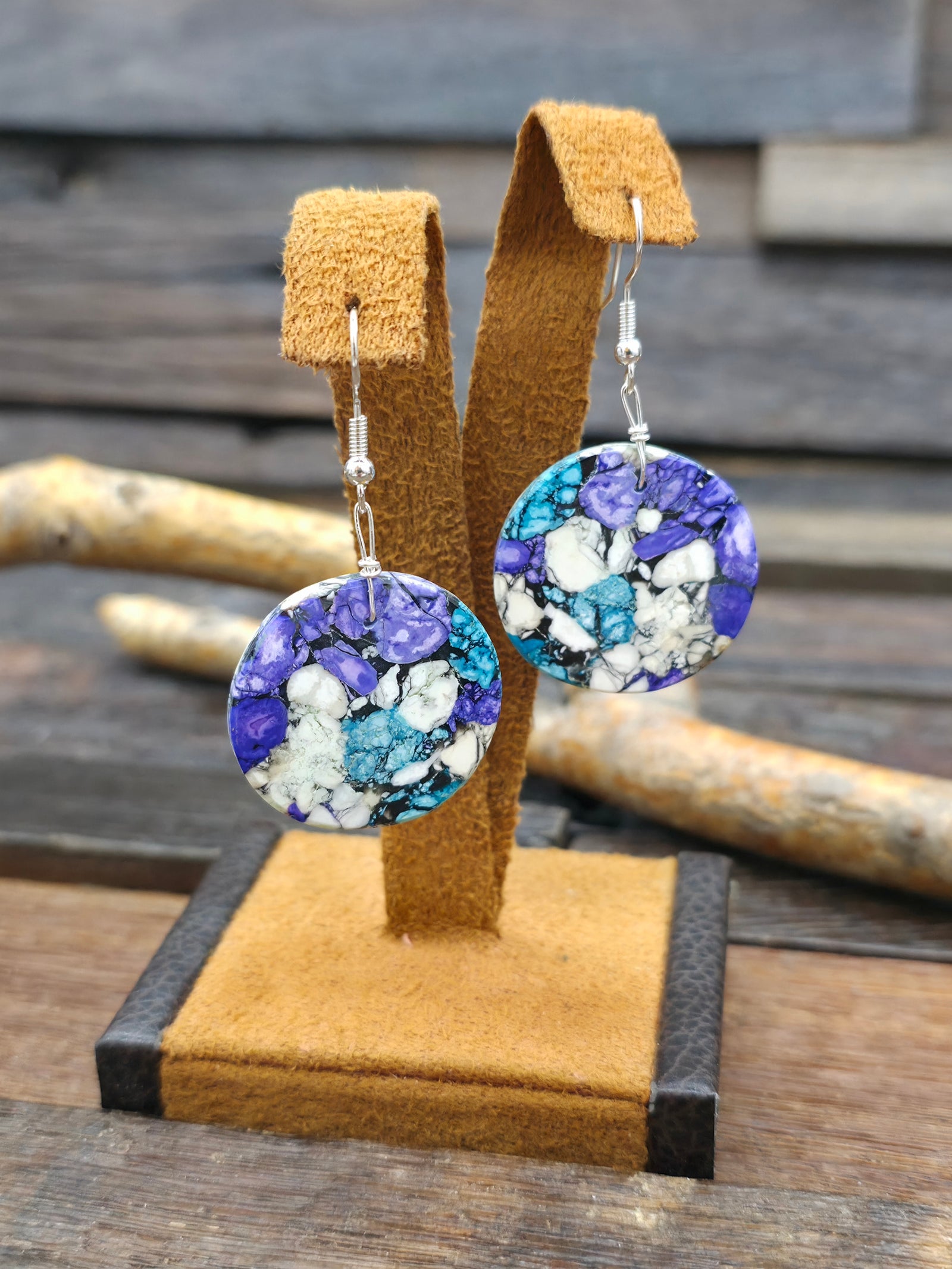 Blue/Purple Dyed Composite Round Slab Earrings by Robert Crespin