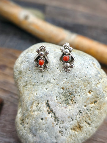 Sterling Silver Coral Zuni Post Dangle Earrings