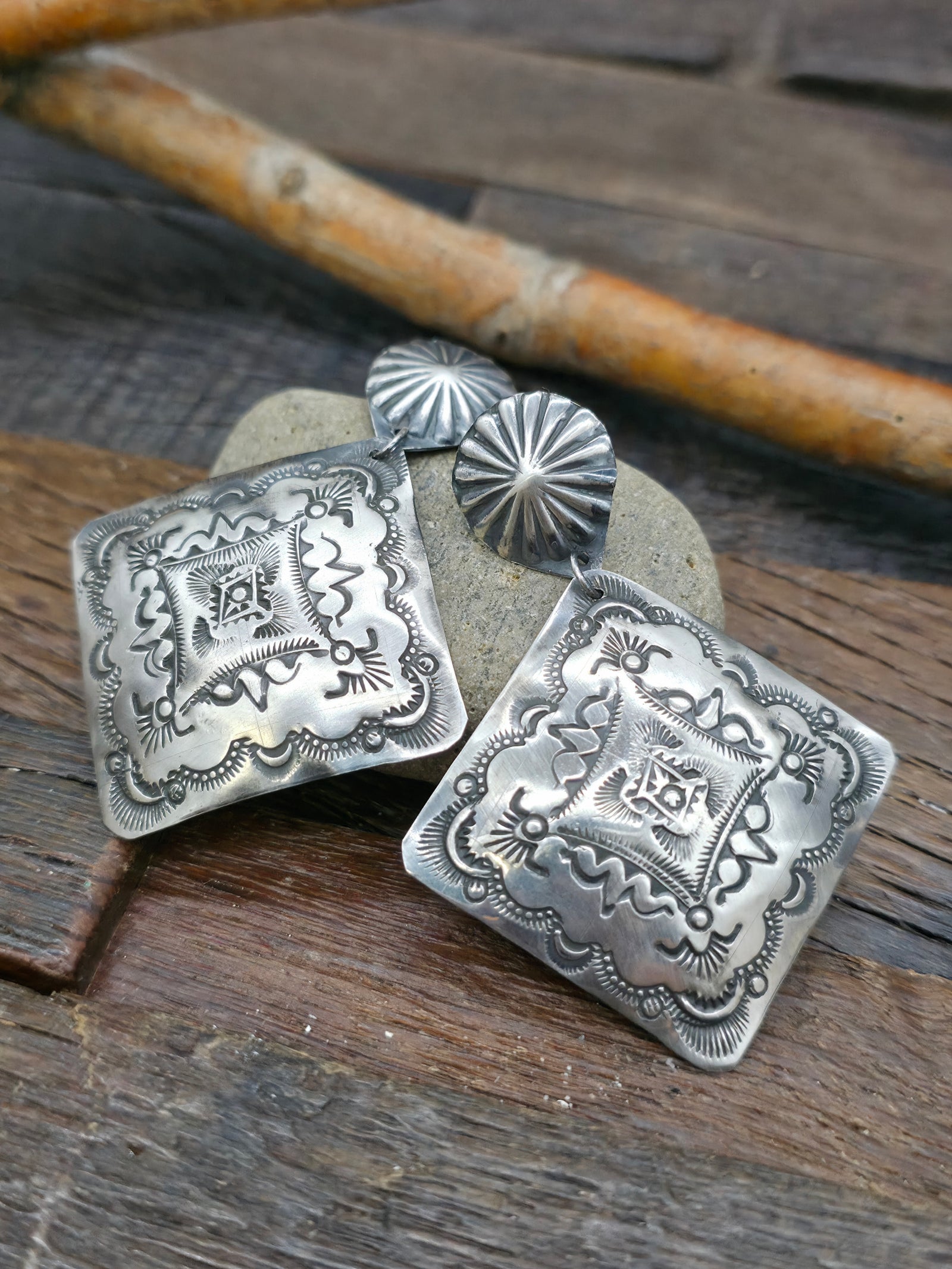 Sterling Silver Stamped Diamond Shape Earrings by Vincent Platero - 3 in. by 2 in.