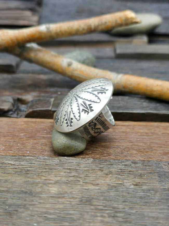 Adjustable Stamped Sterling Silver Ring by Leander Tahe