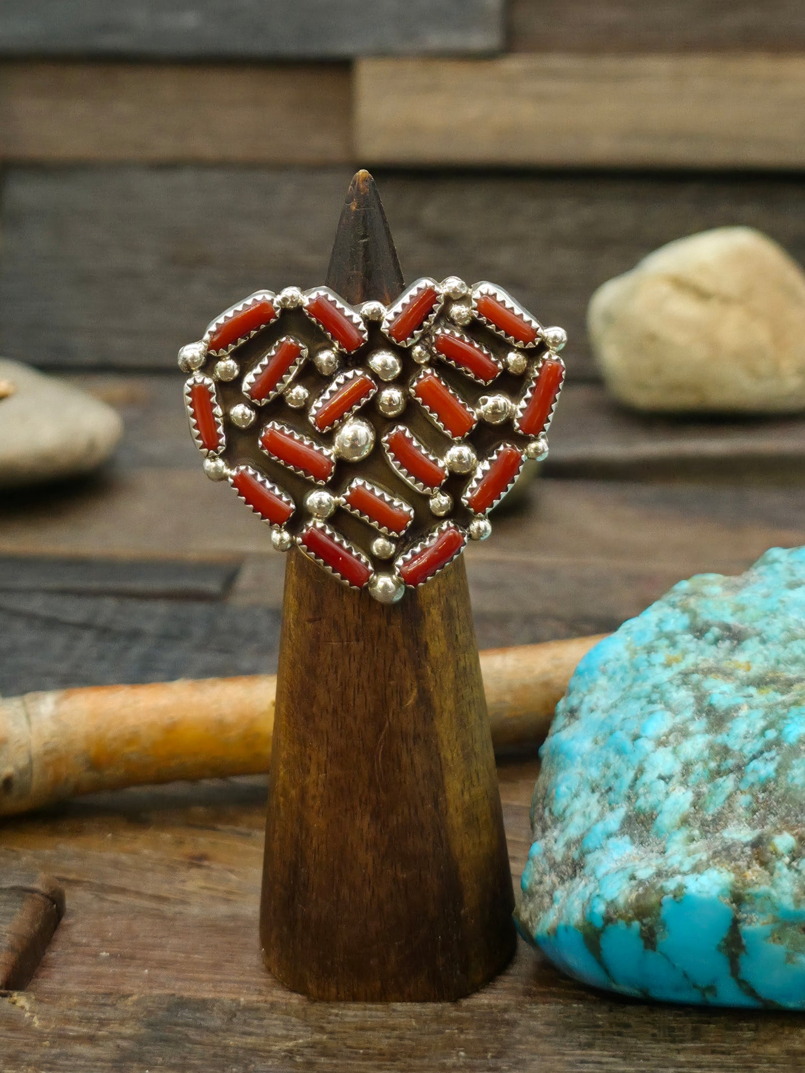 Sterling Silver and Coral Heart Ring by M. Begay - Size 8