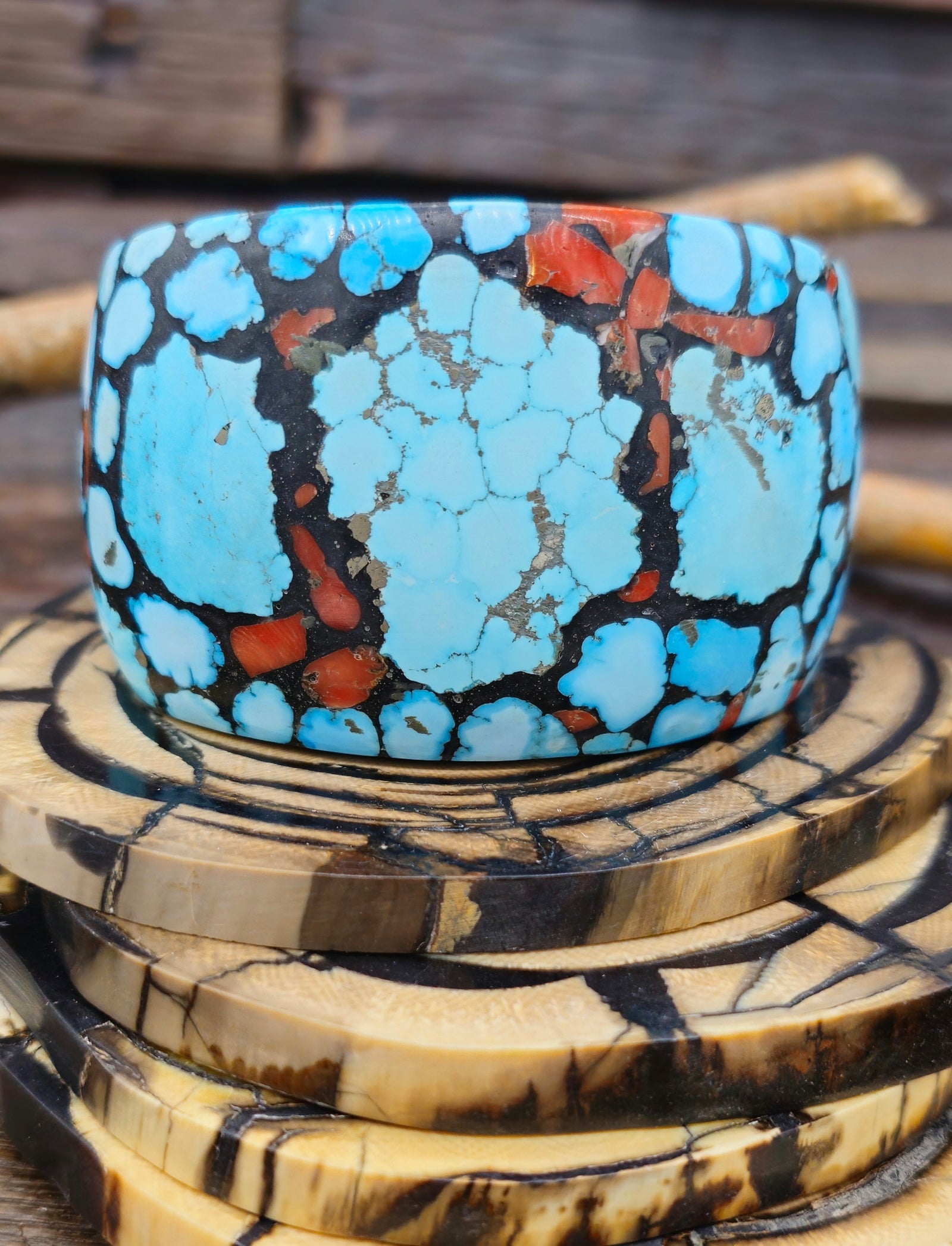 Extra Wide Turquoise and Coral Mosaic Inlay Cuff by Daniel Coriz - 7 in.
