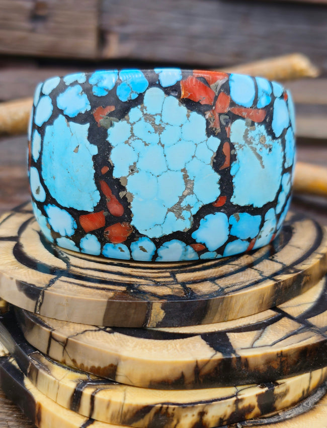 Extra Wide Turquoise and Coral Mosaic Inlay Cuff by Daniel Coriz - 7 in.