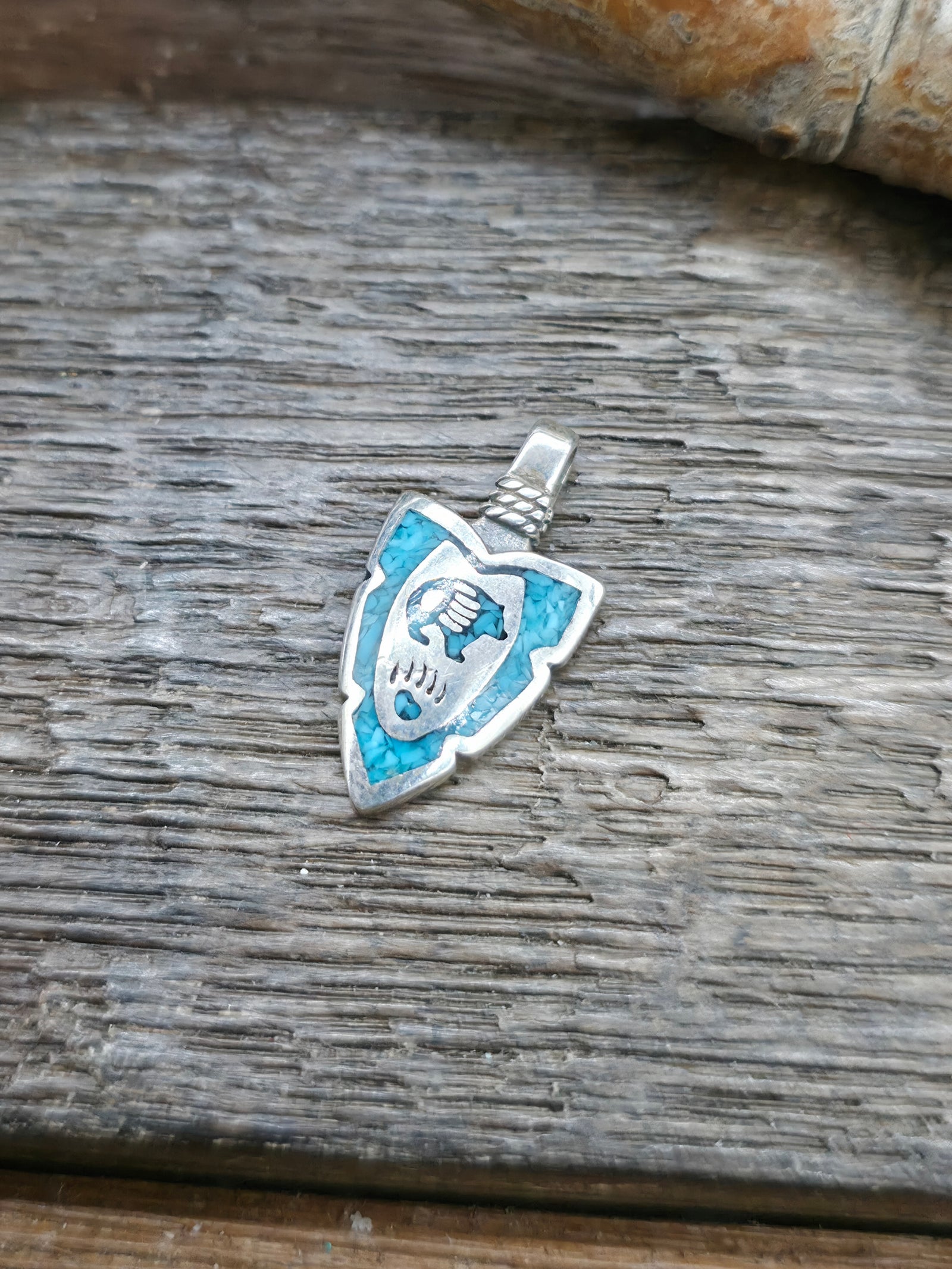 Mini Sterling Silver Turquoise Chip Inlay Arrowhead Pendant - Bear - NON NATIVE MADE - 7/8 in. by 1/2 in.