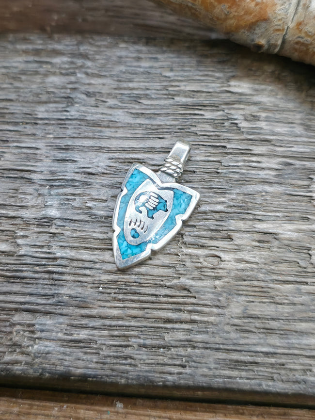 Mini Sterling Silver Turquoise Chip Inlay Arrowhead Pendant - Bear - NON NATIVE MADE - 7/8 in. by 1/2 in.