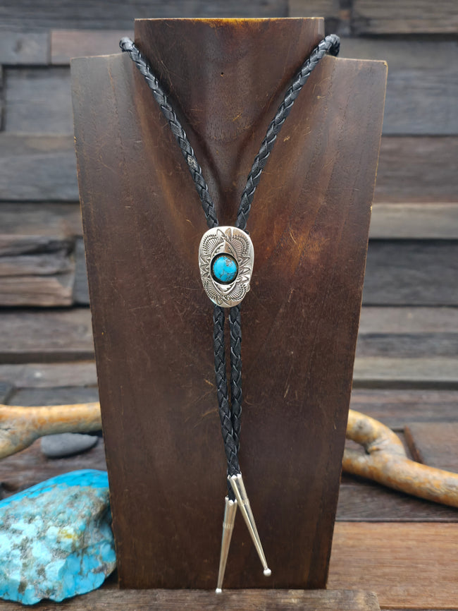 Stamped Sterling Silver Shadowbox Bolo with Turquoise