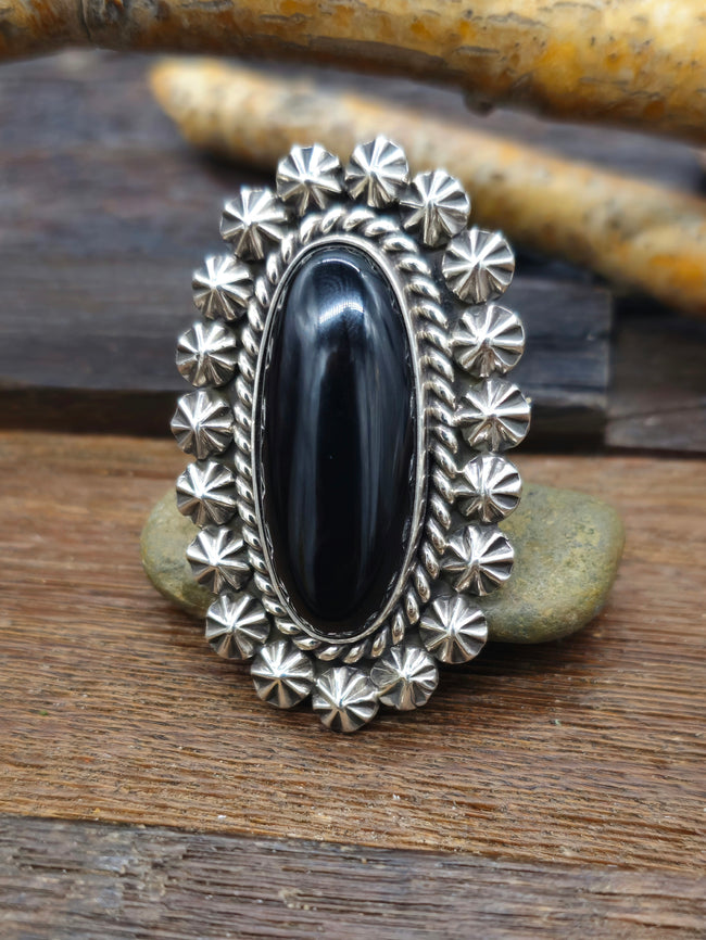 Adjustable Black Onyx Ring w/Sterling Silver Star Shots