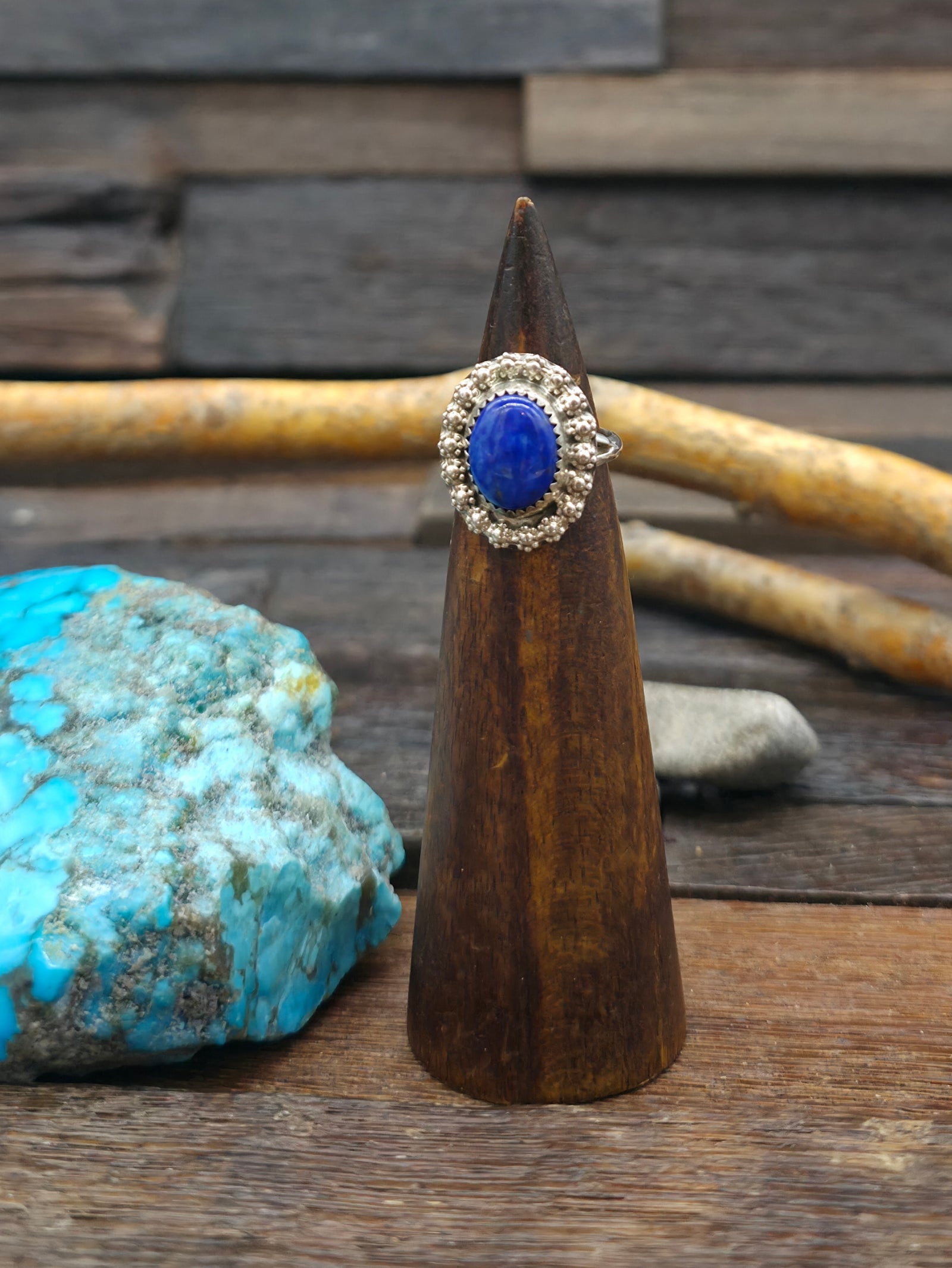 Sterling Silver Stamped Border Lapis Ring by Leslie Nez - Size 6