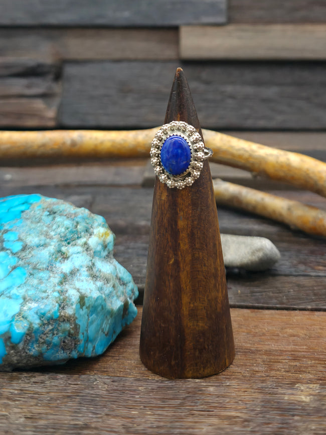 Sterling Silver Stamped Border Lapis Ring by Leslie Nez - Size 6