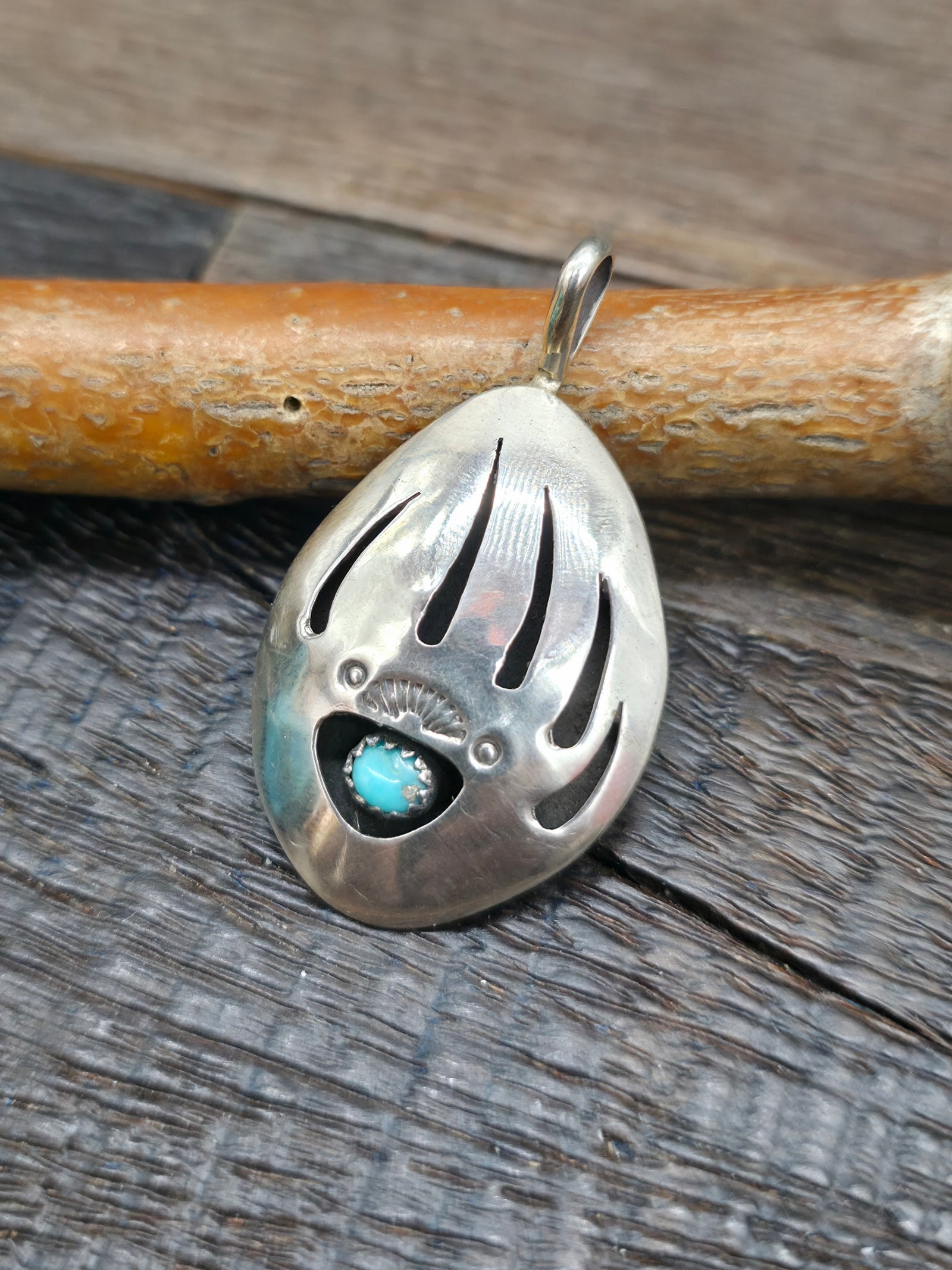 Sterling Silver Turquoise Bear Paw Shadowbox Pendant by Ervin Begay - 1 3/4 in. by 1 in.