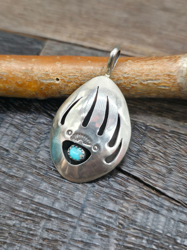 Sterling Silver Turquoise Bear Paw Shadowbox Pendant by Ervin Begay - 1 3/4 in. by 1 in.