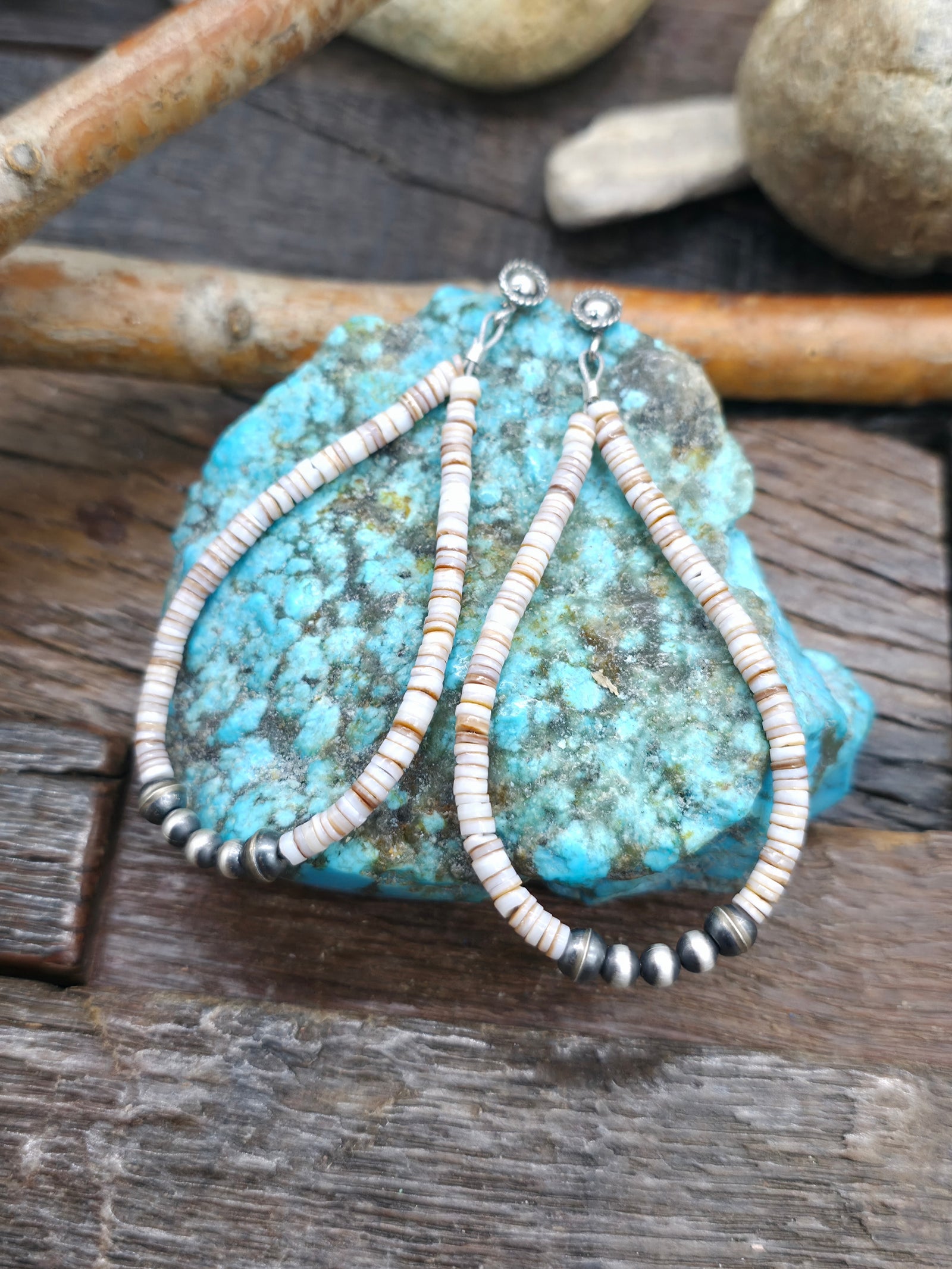 Post Heishi and Sterling Silver Bead Earrings by Mary Vandever - 3 in. by 1 1/4 in.