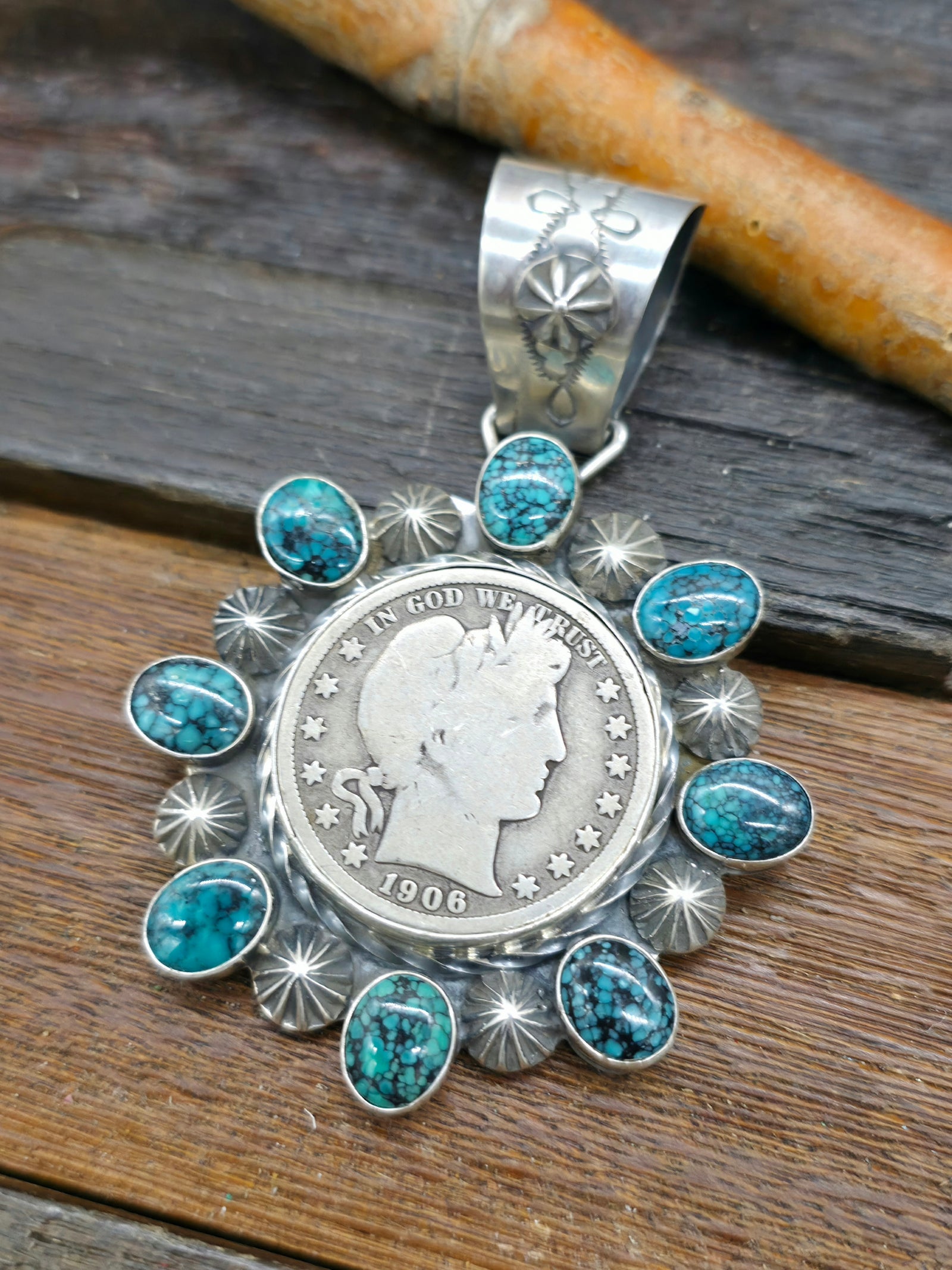 Blue Turquoise Liberty Dollar Coin Pendant by Rosella Paxton