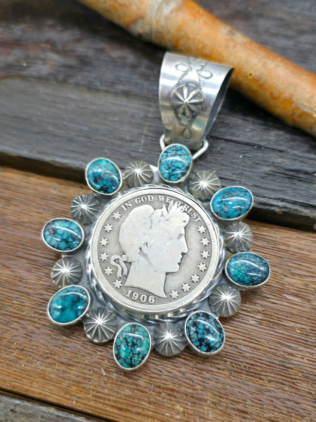 Blue Turquoise Liberty Dollar Coin Pendant by Rosella Paxton
