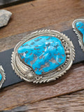 Sterling Silver Leaf Applique and Sleeping Beauty Turquoise Nugget Concho Belt by Ben Begaye - 54 in.