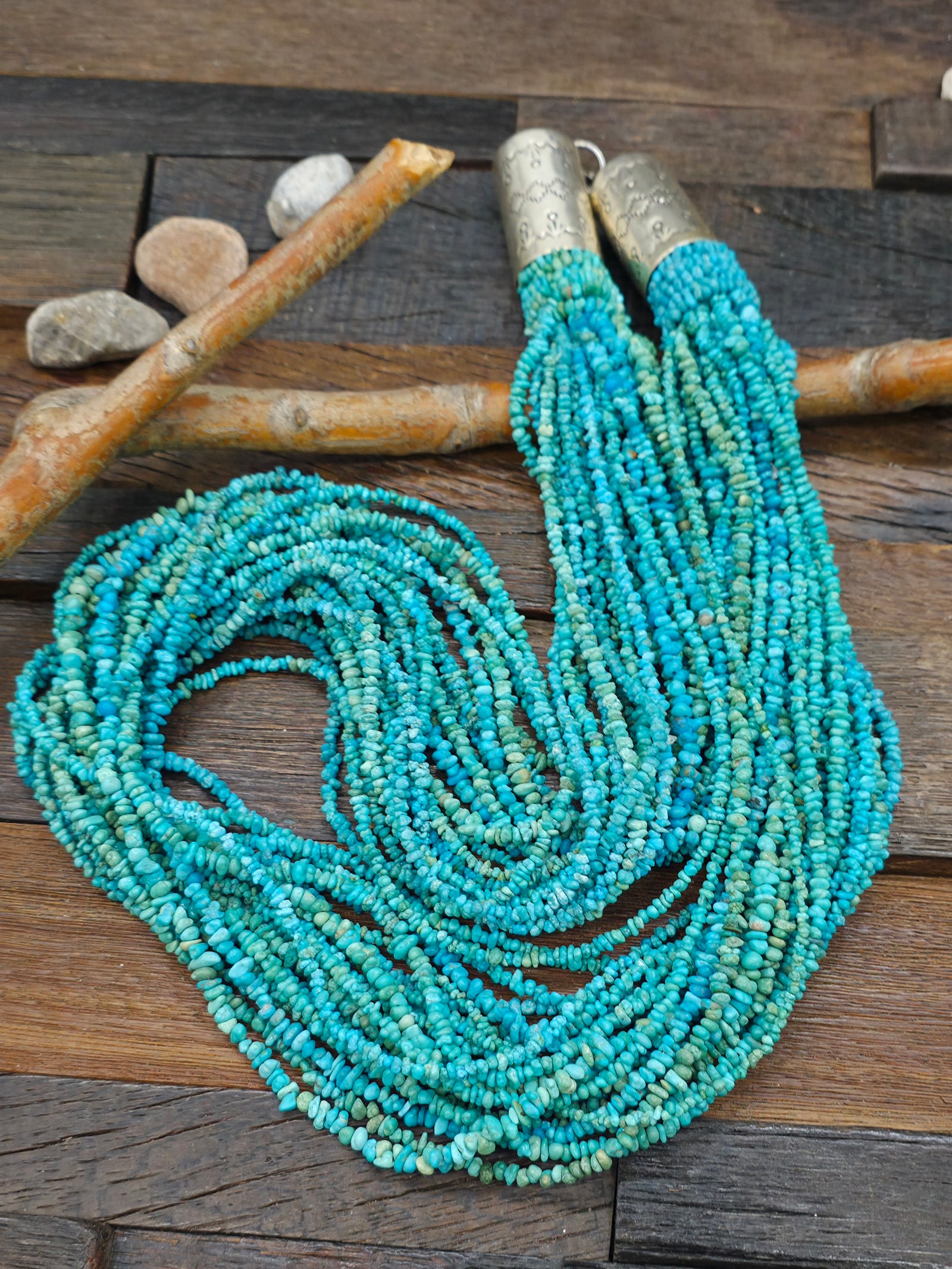 22 Strand Turquoise Nugget Necklace with Sterling Silver Caps by Amber King - 34 in.