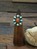 Sterling Silver Turquoise and Coral Cluster Ring - Size 7