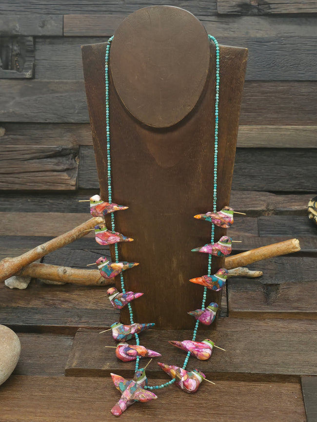 Pink and Blue Composite 13 Hummingbird Necklace with Turquoise Beads by Matt Mitchell - 30 in.