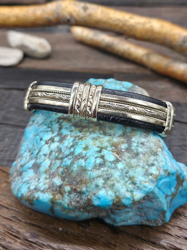 Leather Wrapped Nickle Wire Cuff - NON NATIVE MADE - 6 1/2 in. with Gap