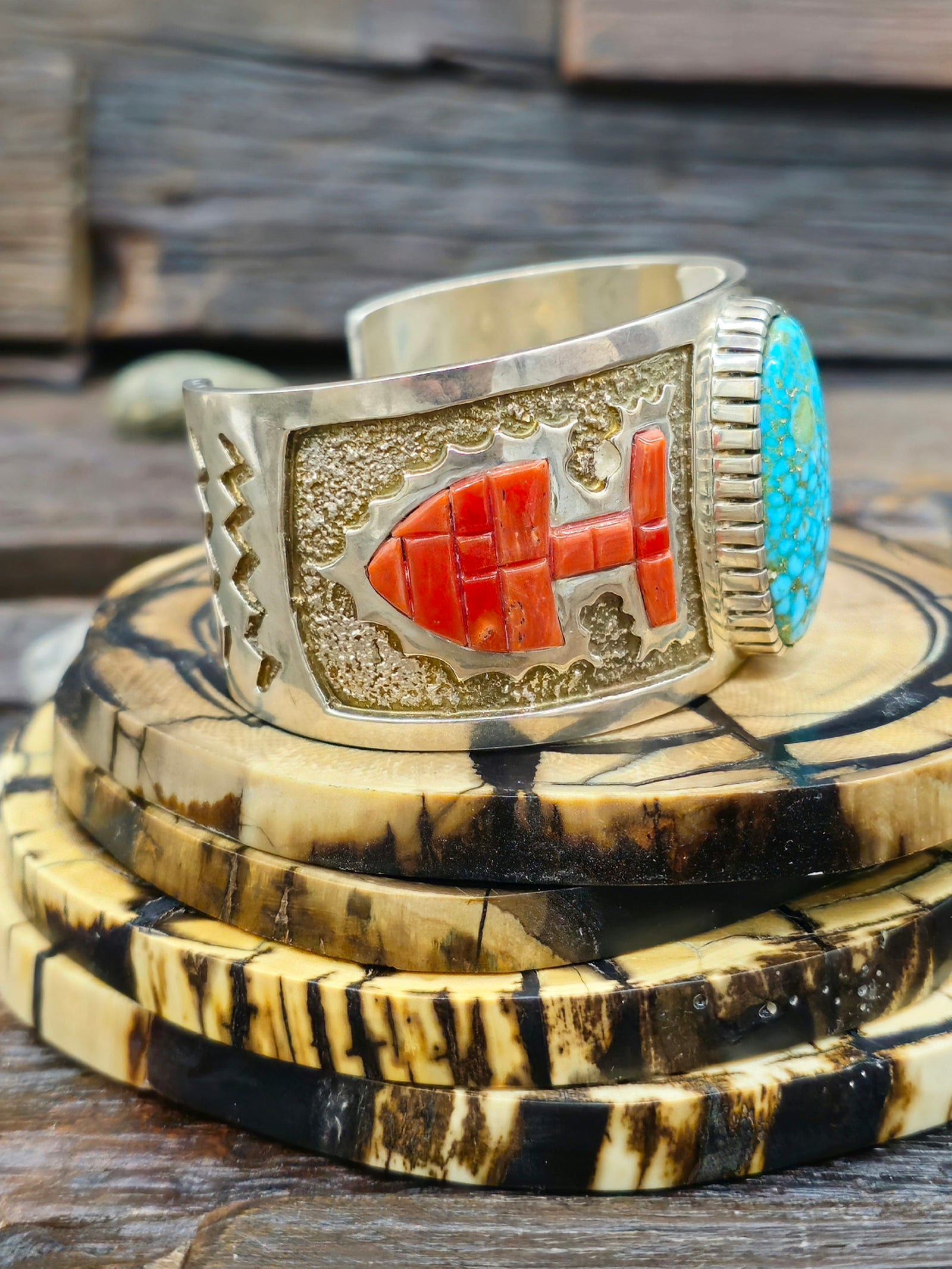Turquoise and Coral Sterling Silver Cuff by Michael Perry - 7 in