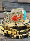 Turquoise and Coral Sterling Silver Cuff by Michael Perry - 7 in