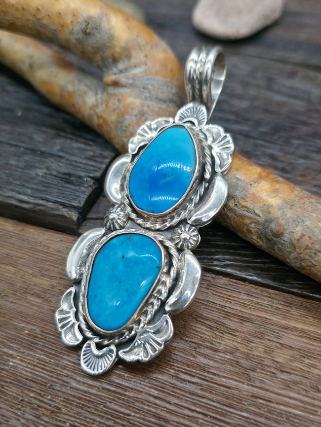 Kingman Two Stone Turquoise Teardrop Sterling Silver Pendant by Jeff Largo