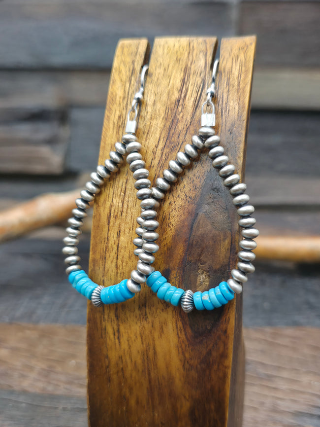 Sterling Silver and Turquoise Bead Hanging Loop Earrings - 2 3/4 in. by 1 1/4 in.
