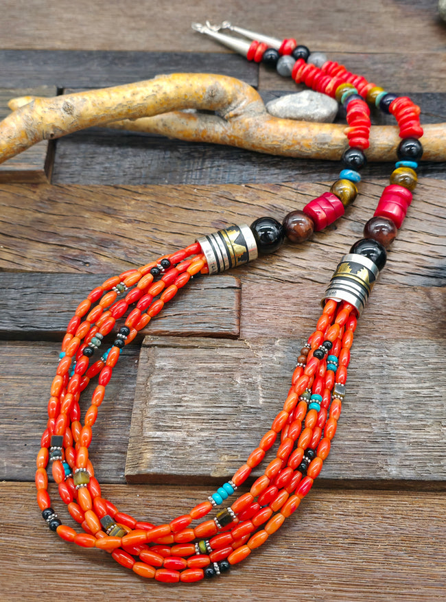 Six Strand Apple Coral, Mixed Stone and Sterling Silver Necklace by Rose Singer - 30 in.