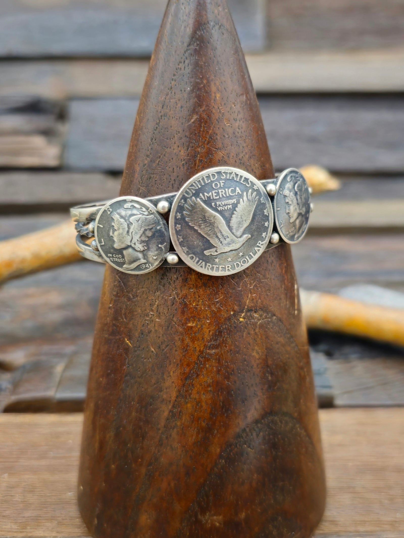 Sterling Silver Cuff with Eagle and Mercury Coins by L. Archuleta - 6 in.