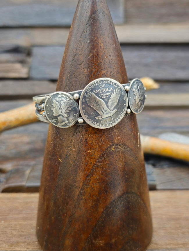 Sterling Silver Cuff with Eagle and Mercury Coins by L. Archuleta - 6 in.
