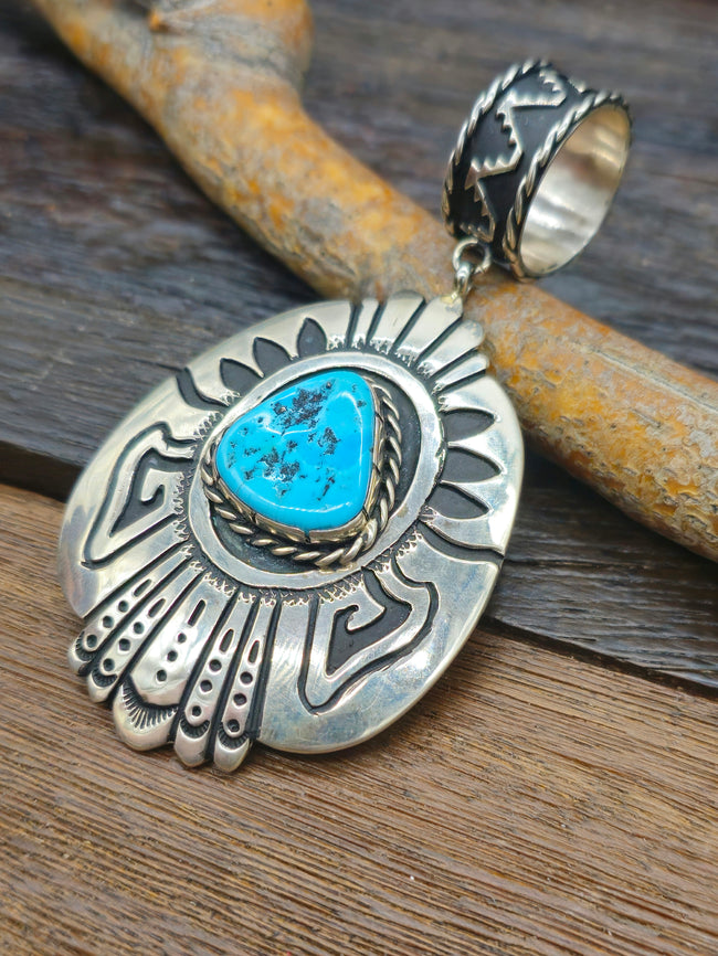 Large Stamped Sterling Silver Overlay Pendant with Turquoise by Rose Singer