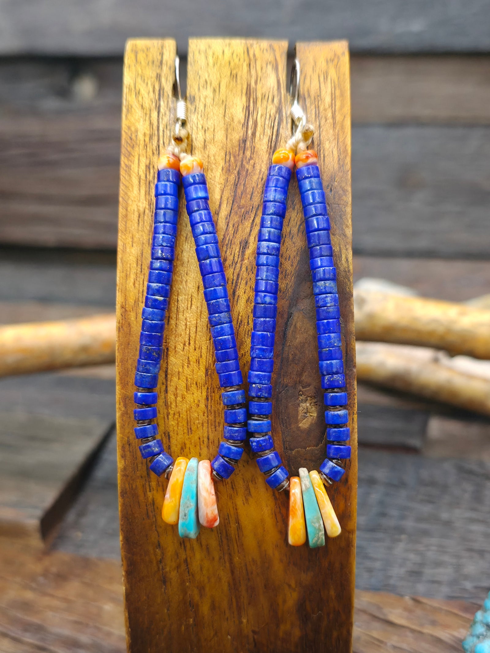 Lapis, Spiny, and Turquoise Jacla Earrings by Robert Coriz - 3 1/2 in. by 5/8 in.