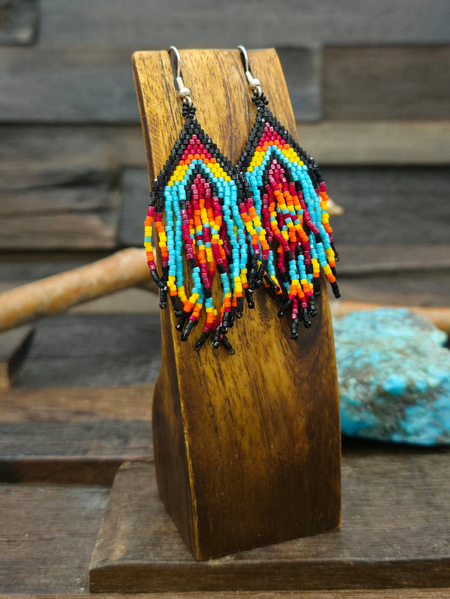 Beadwork Fringe Earrings by Krystal and Aaron Panteah- Red Blue and Black - 3 1/2 in. by 1 in.