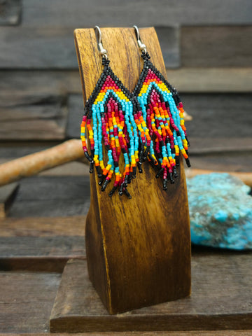 Zuni Beadwork Fringe Earrings by Aaron & Krystal Panteah - 4 in. by 3/4 in.