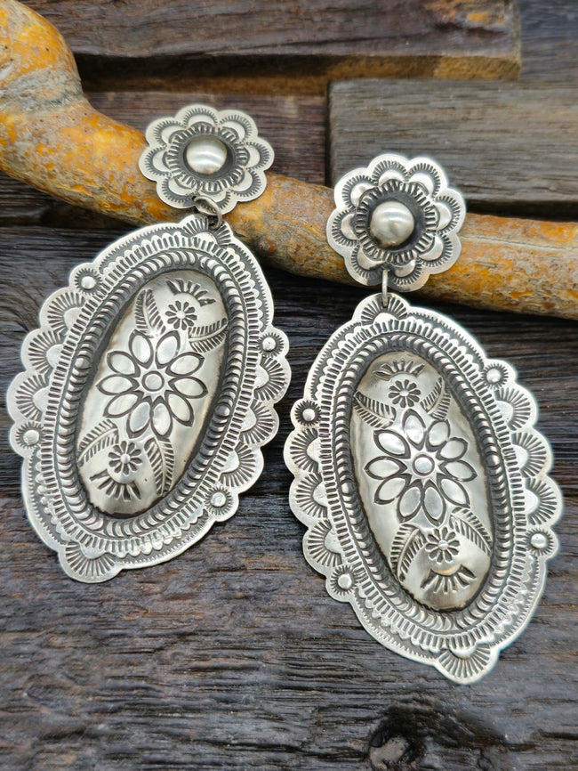 Large Sterling Silver Stamped Oval Earrings by Leander Tahe