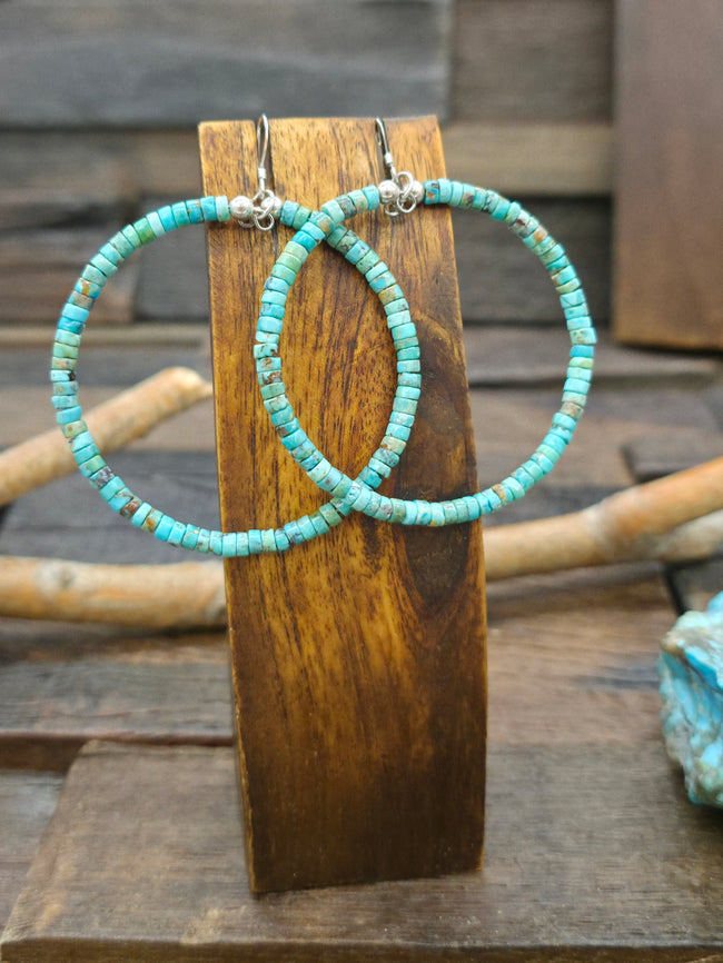 Blue Turquoise and Sterling Silver Bead Hanging Hoop Earrings by Fred Archuleta
