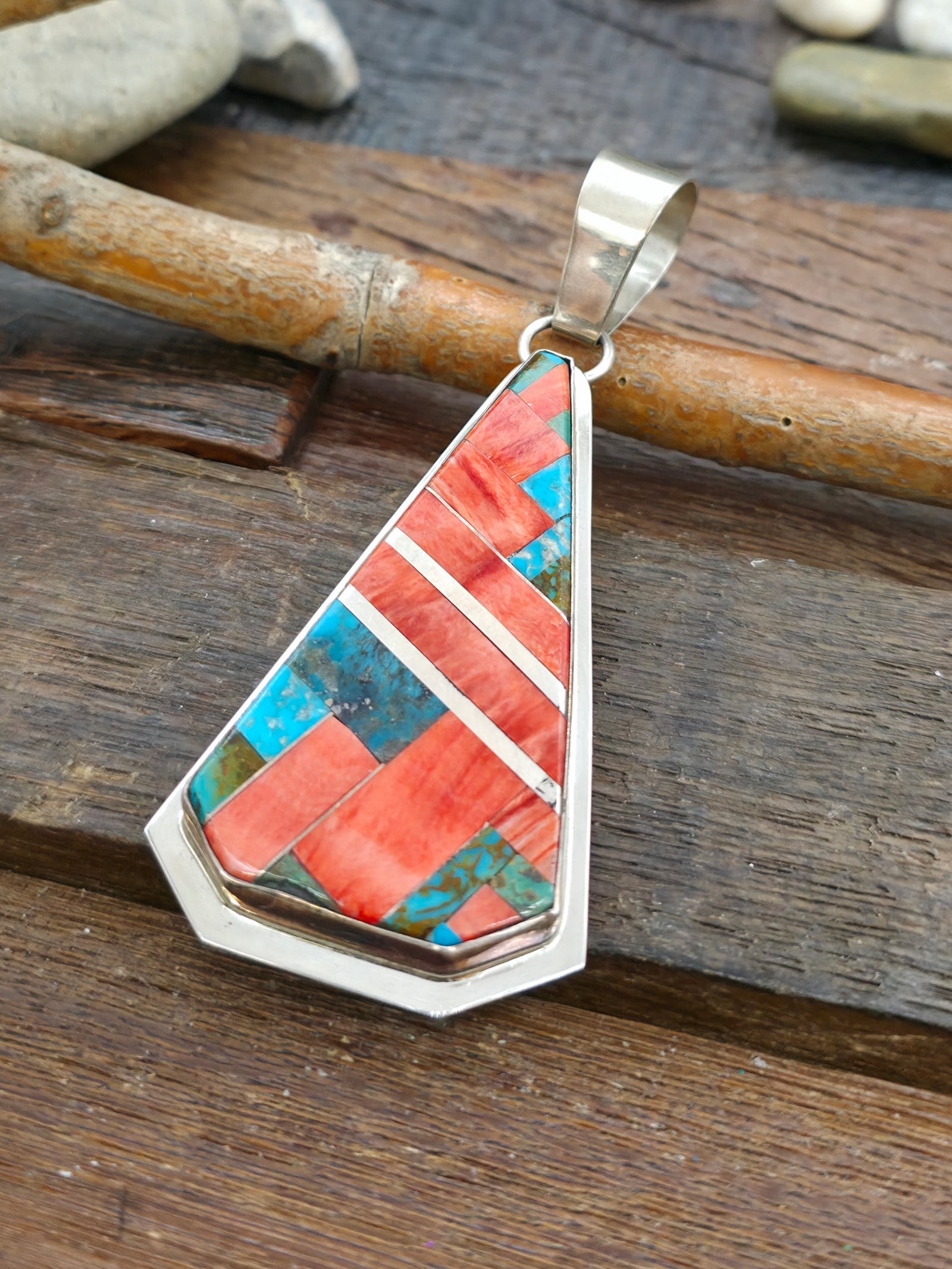 Sterling Silver Red Spiny Oyster and Turquoise Inlay Pendant by Daniel Coriz