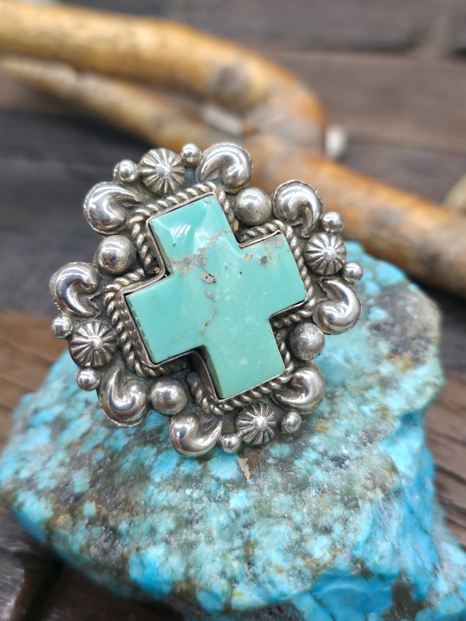 Repousse Stamped Sterling Silver Green Turquoise Santa Fe Cross Ring by Richard Jim - Adjustable