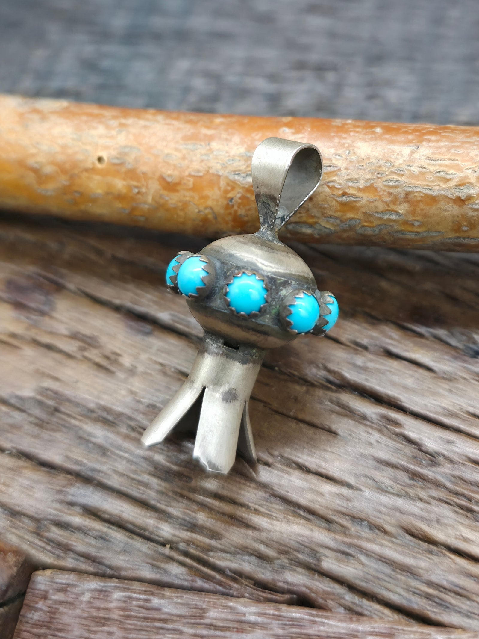 Sterling Silver and Turquoise Squash Blossom Pendant by Monica Smith - 1 1/4 in.
