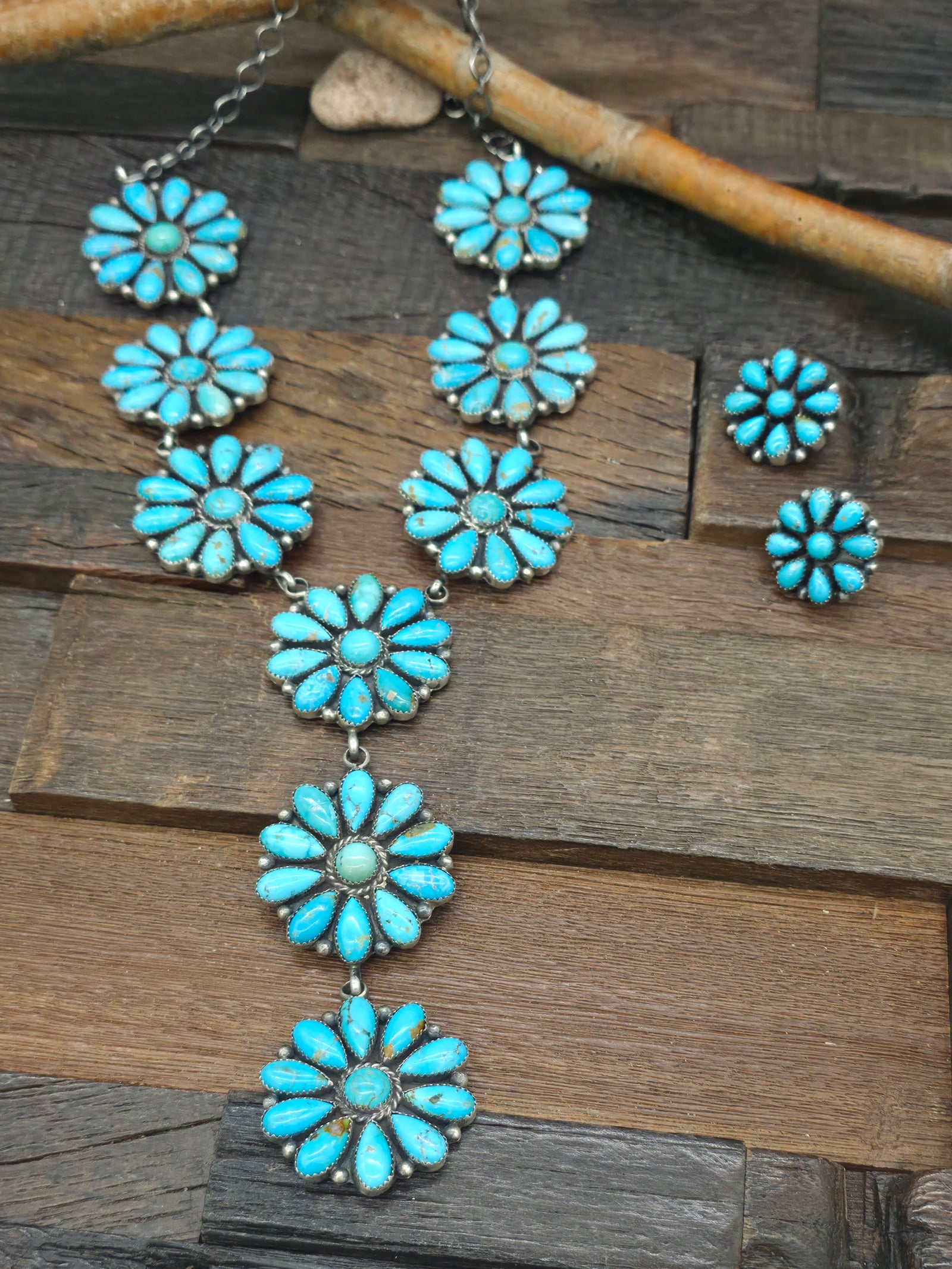 Sterling Silver and Turquoise Cluster Lariat Necklace and Earring Set by E. Garfield - 24 in. with 5 1/2 in. Drop