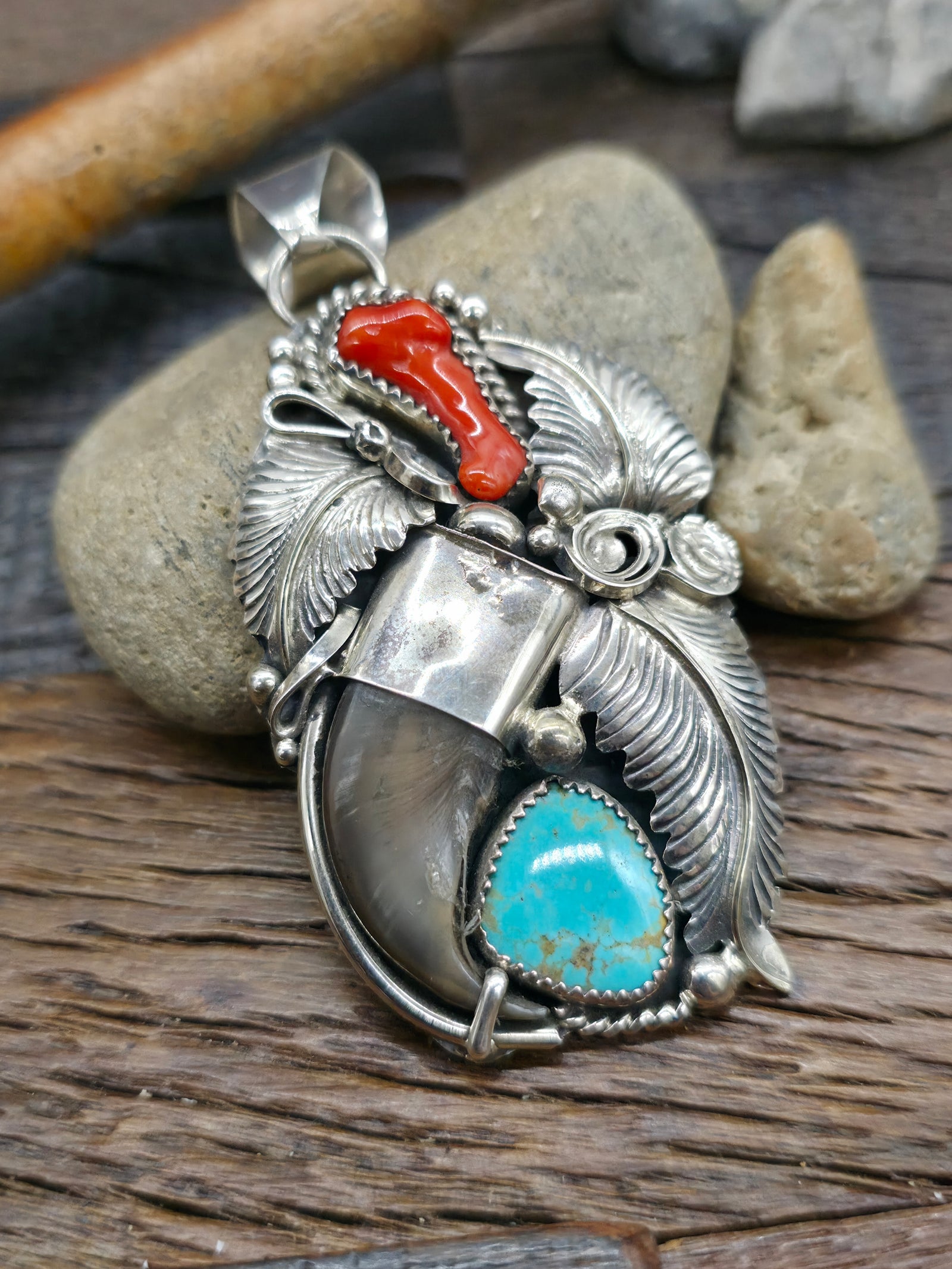 Sterling Silver Leaf Applique Pendant with Bear Claw, Turquoise, and Coral by Mike Thomas - 3 1/4 in. by 2 1/2 in.