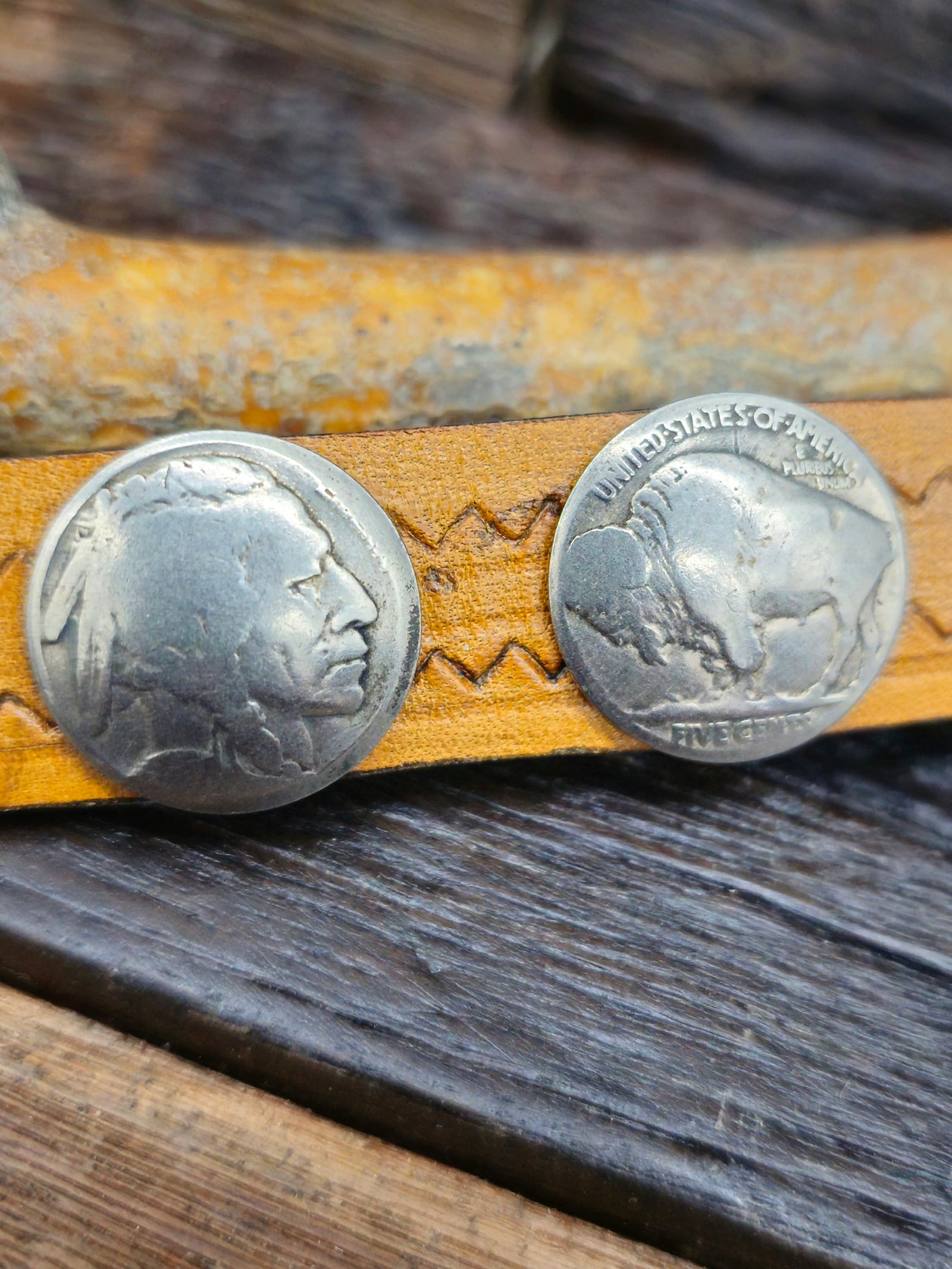 Buffalo and Chief Nickle Brown Leather Snap Bracelet 8 1/2 in.