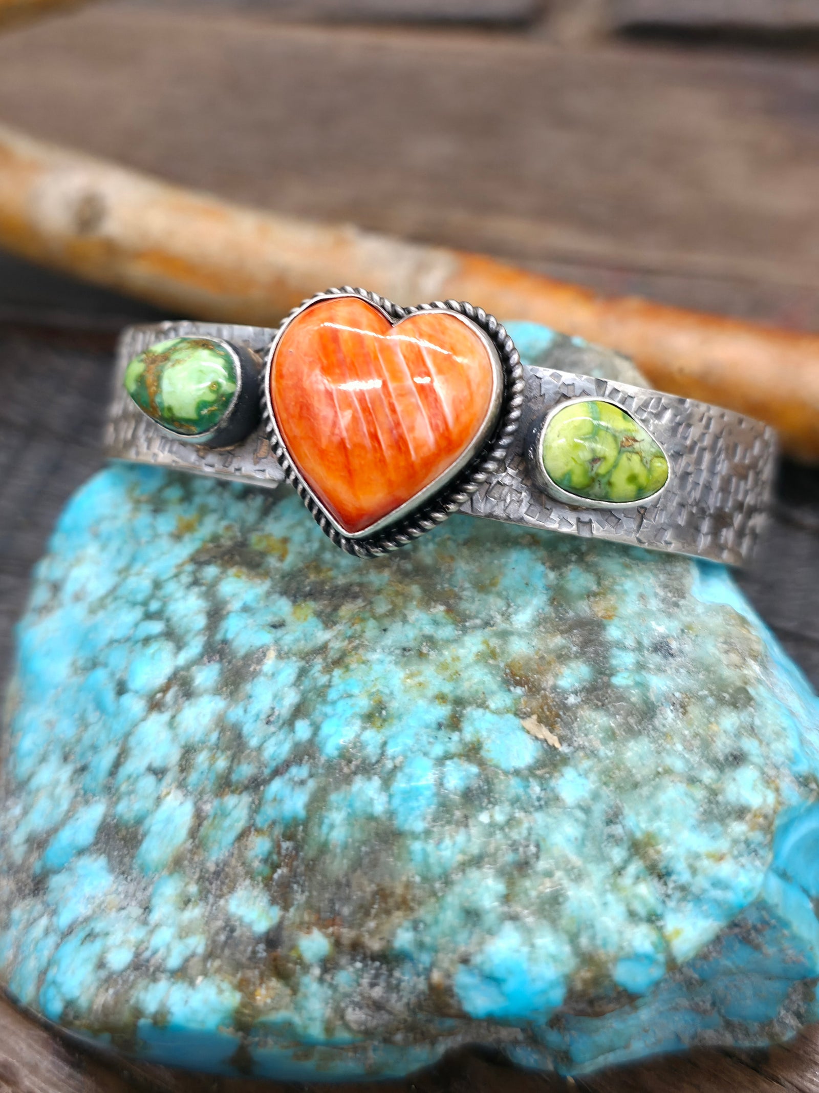 Sterling Silver Sonoran Turquoise and Orange Spiny Heart Bracelet by Rosella Paxson - 6 3/4 in. with Gap