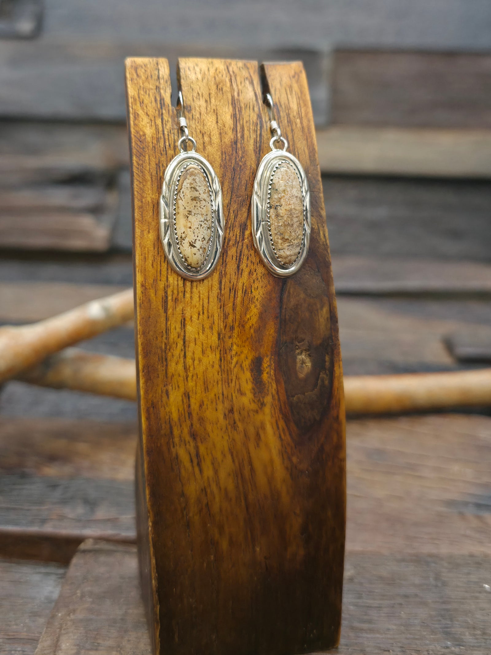 Sterling Silver Wood Jasper Earrings by Robert Yazzie 1 3/4 in. by 1/2 in.