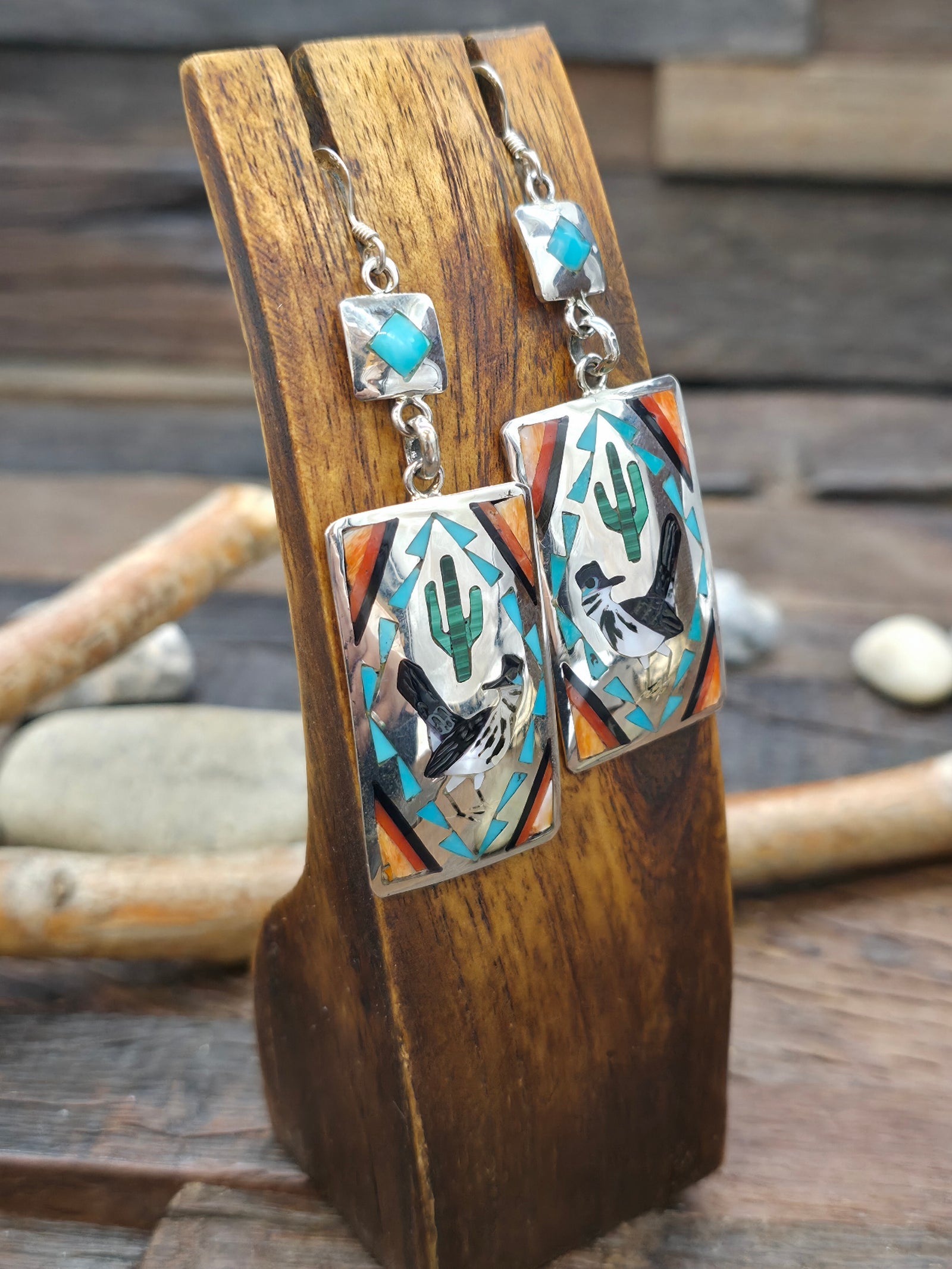 High Shine Sterling Silver Zuni Inlay Roadrunner Earrings by Quinton Quam -3 in. by 1 in.
