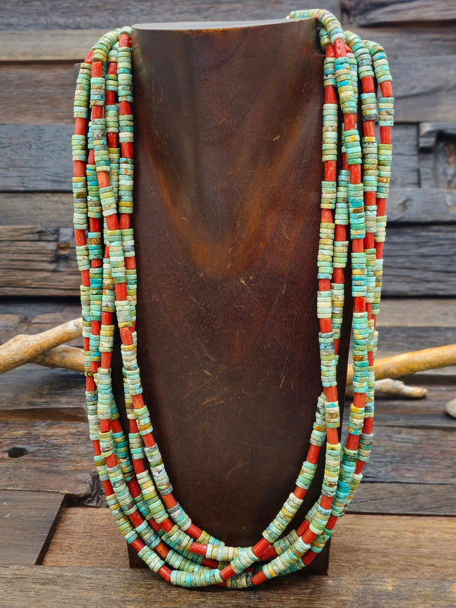 Five Strand Green Turquoise and Coral Necklace by Fred Archuleta - 30 in